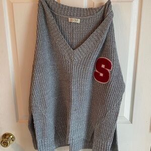 Free People Gray V-Neck Sweater with Red Letter Patch